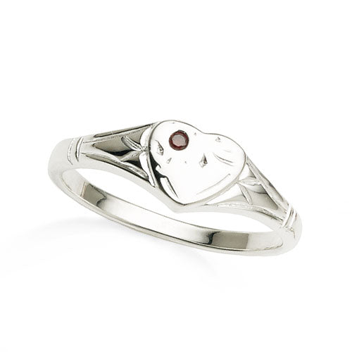 Sterling Silver Children's Red Stone Heart Signet Ring