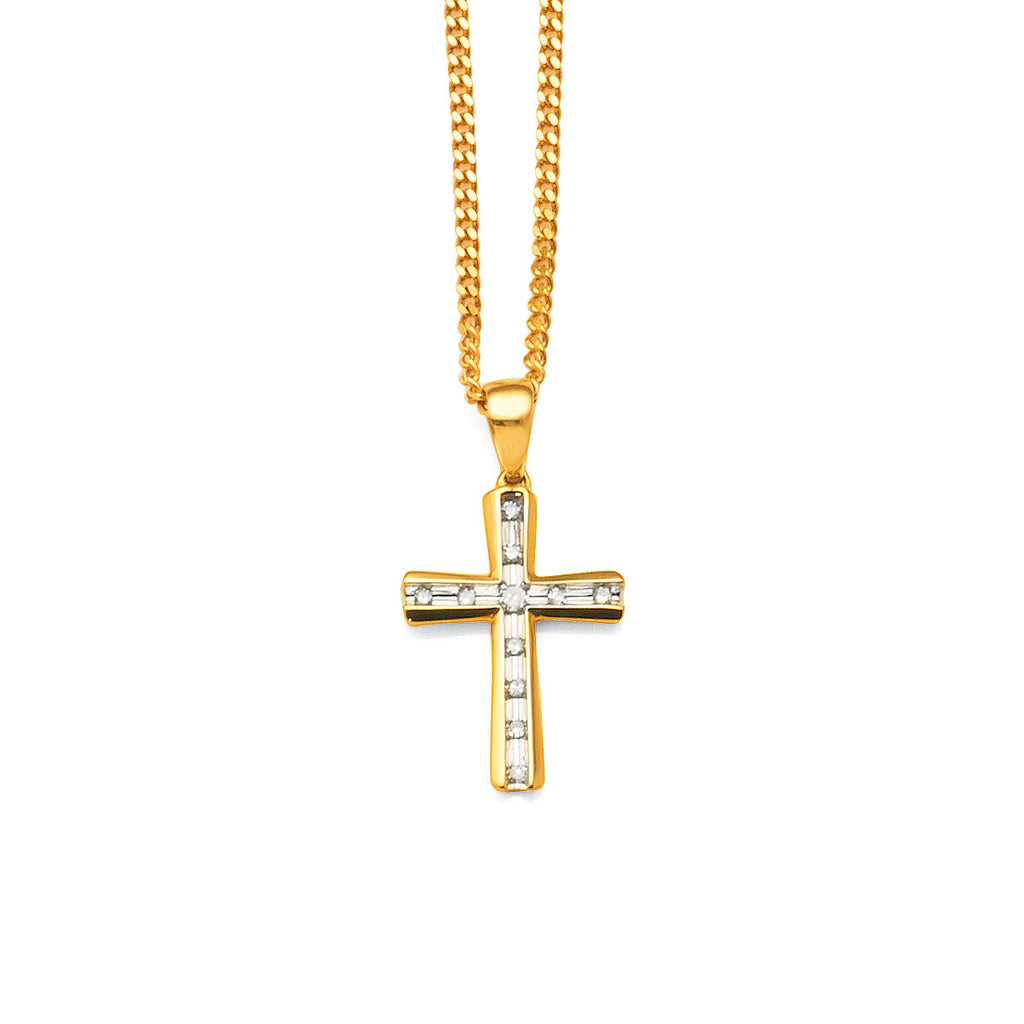 9ct Yellow Gold 2-Tone Diamond Set Cross Pendant