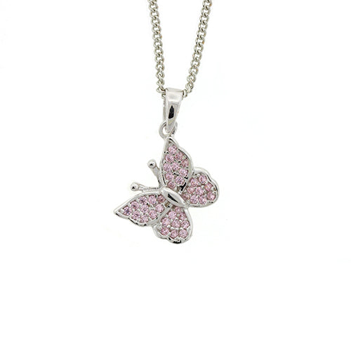 Sterling Silver 12mm Pink CZ Butterfly Pendant