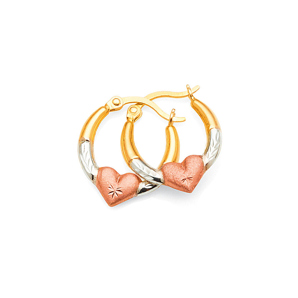 9ct 3-Tone Gold Bonded 10mm Heart Hoops