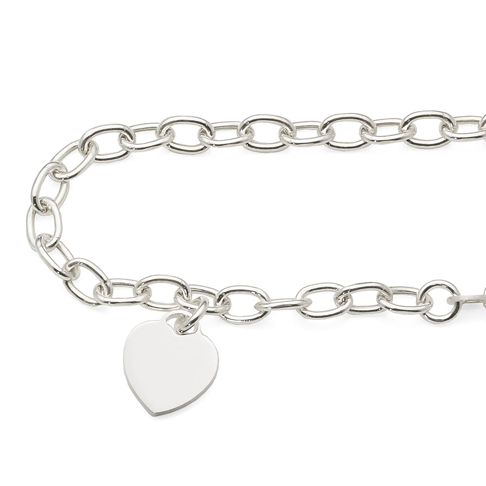 Sterling Silver Heart Charm Oval Belcher Bracelet