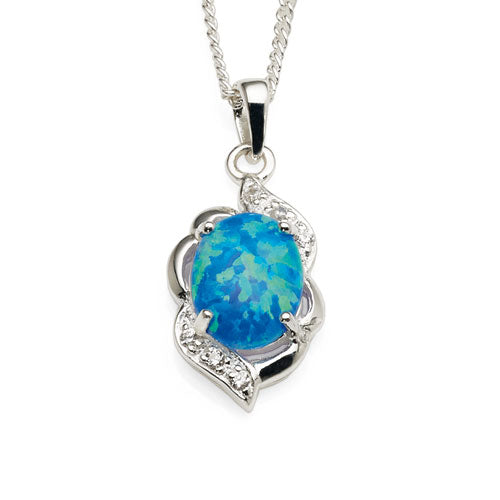 Sterling Silver Oval Created Opal & Cubic Zirconia Pendant