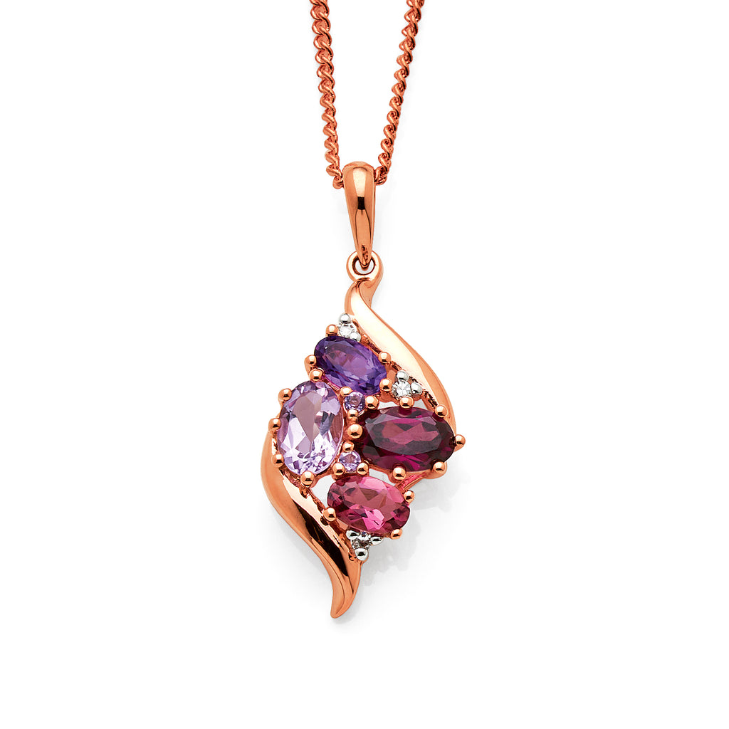 9ct Rose Gold Amethyst, Rhodolite, Tourmaline& Diamond Penda