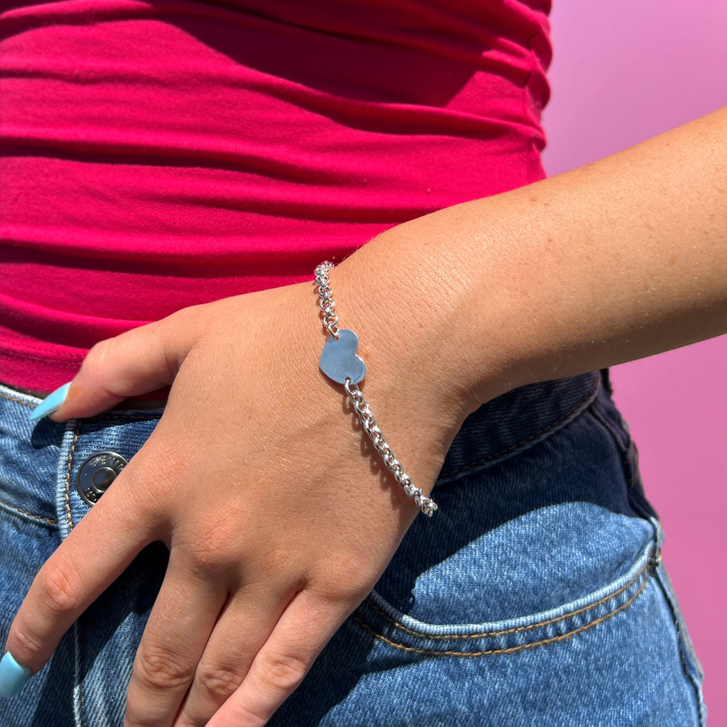 Sterling Silver Heart Disc Round Belcher Link Bracelet