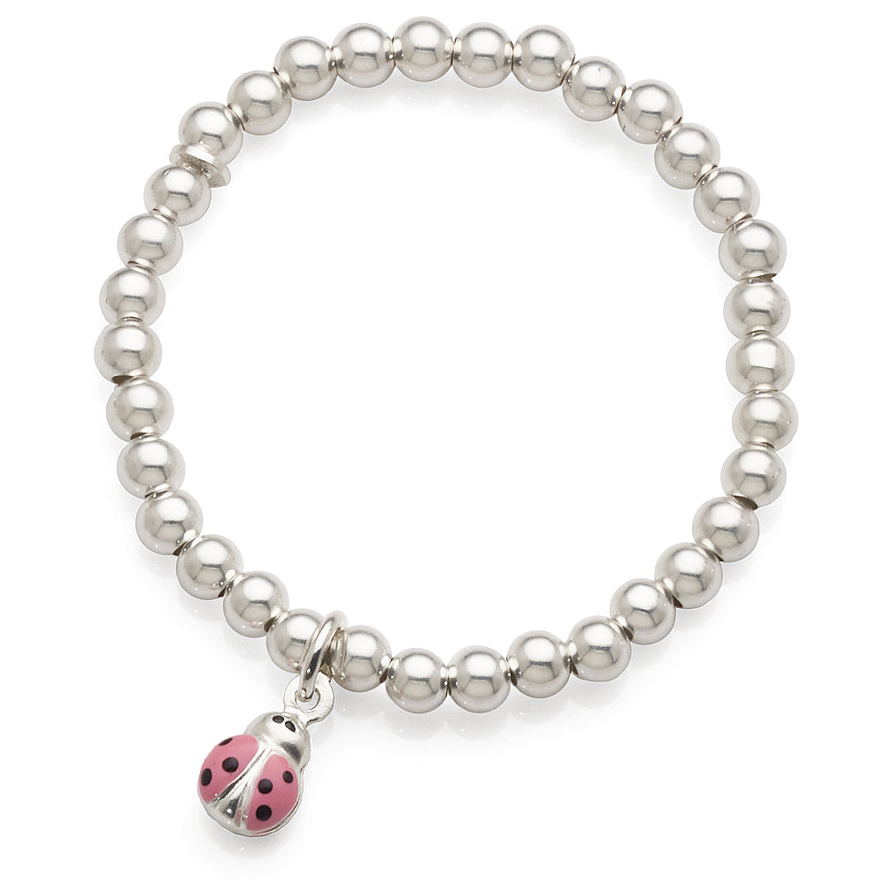 Sterling Silver Children's Ladybug Charm Stretch Ball Bracel