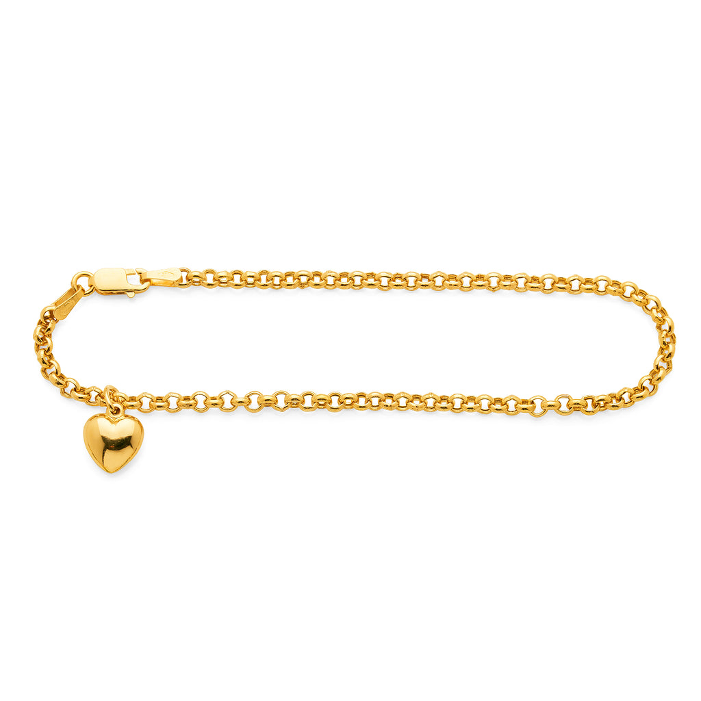 9ct Yellow Gold Heart Charm Belcher Bracelet