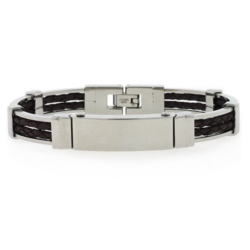 Stainless Steel & Black Leather ID Bangle