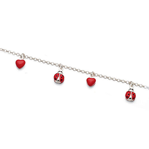 Sterling Silver Children's Heart & Ladybug Charm Bracelet