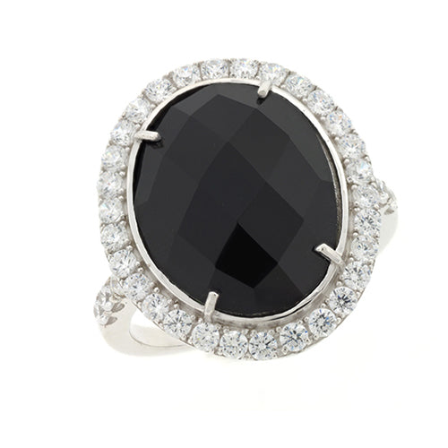 Sterling Silver Black Agate & Cubic Zirconia Ring