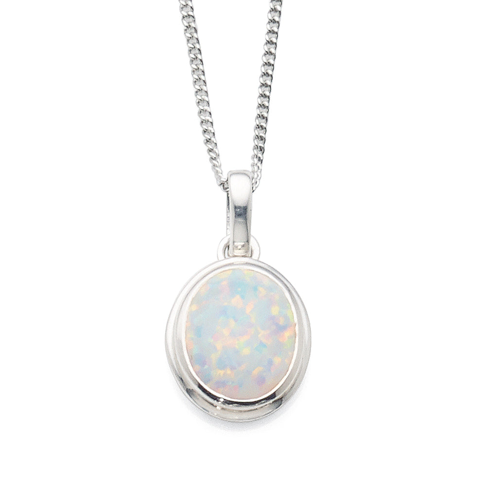 Sterling Silver Created White Opal Domed Oval Pendant