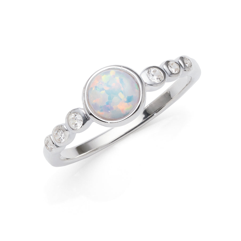 Sterling Silver Created Round White Opal & Cubic Zirconia Ri