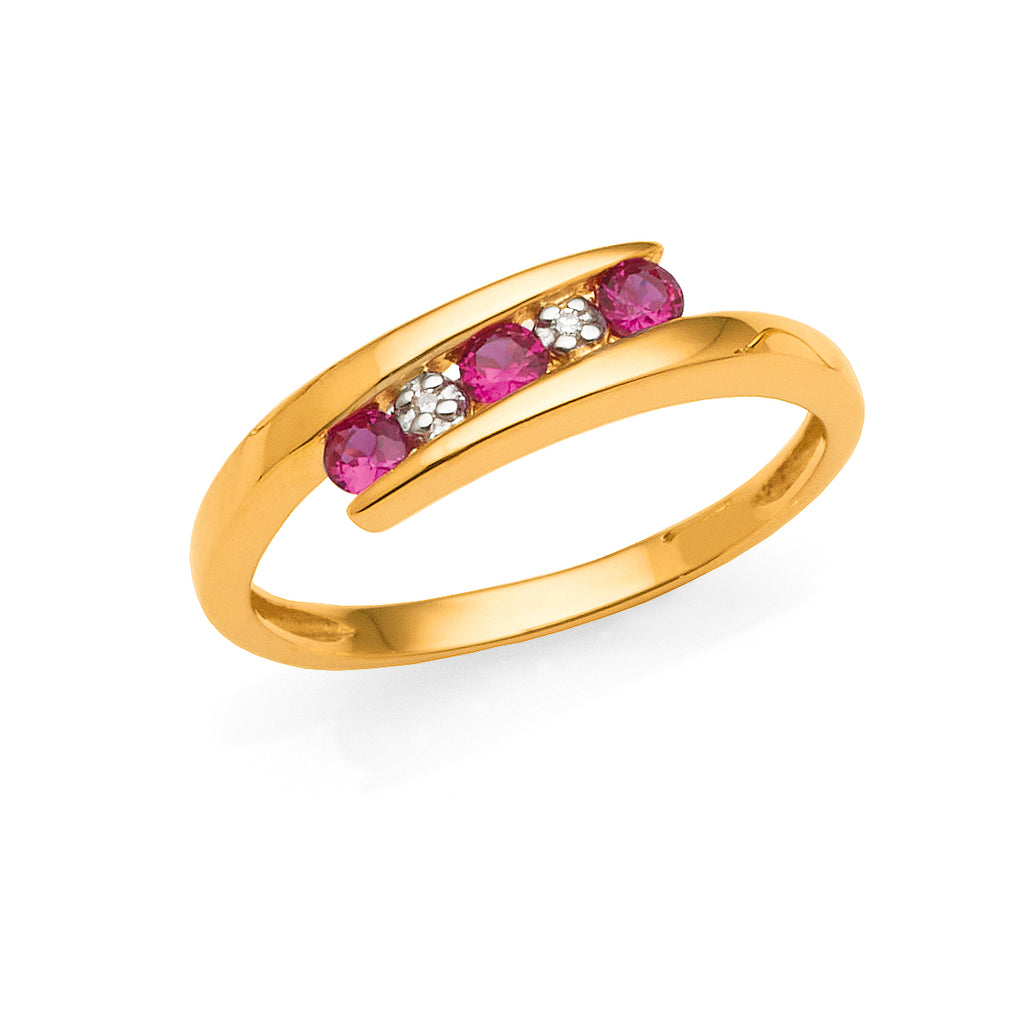 9ct Yellow Gold Created Ruby & Diamond Illusion Set Split Ri