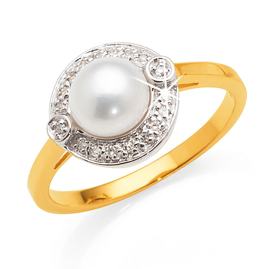9ct Gold Button Pearl and Pave Diamond Halo Ring