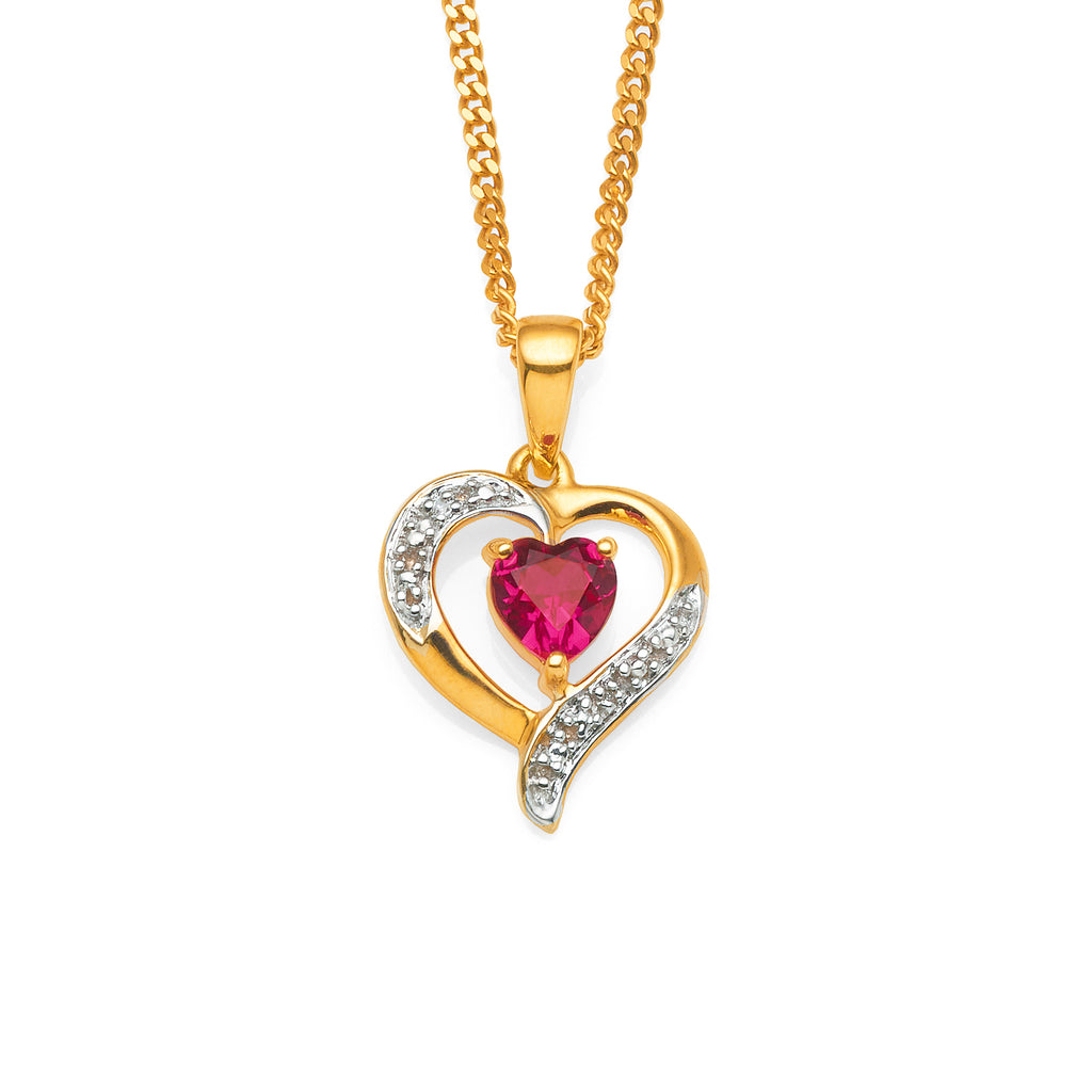 9ct Gold Created Ruby & Diamond Heart Pendant