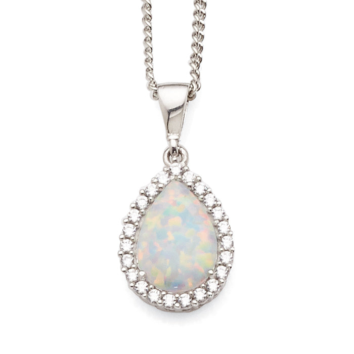 9ct White Gold Created White Opal & Cubic Zirconia Pear Shap