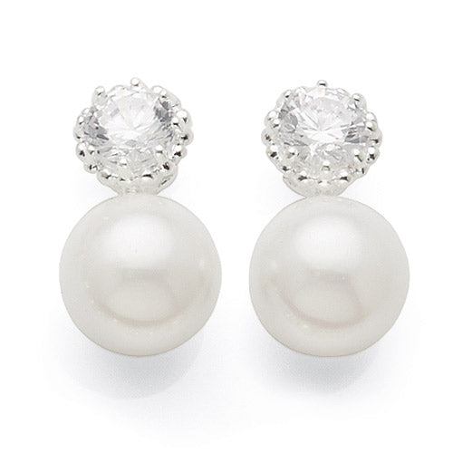 Sterling Silver CZ & Synthetic Pearl Drop Studs