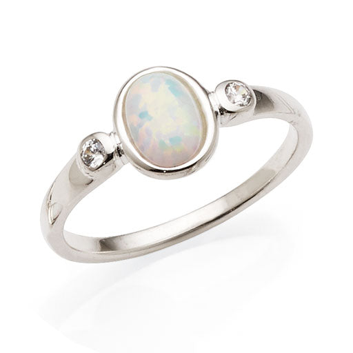 Sterling Silver White Oval Created Opal & Cubic Zirconia Rin