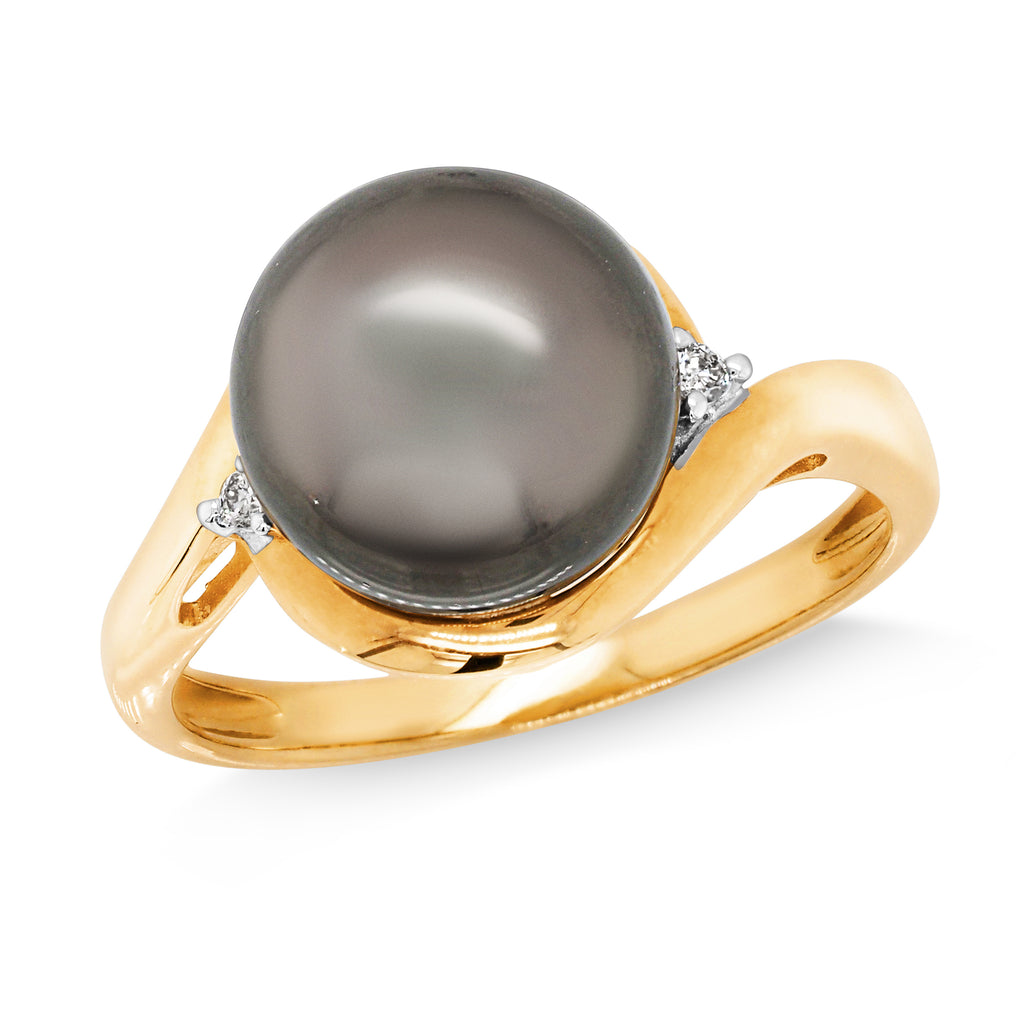 9ct Yellow Gold 9mm Tahitian Pearl and Diamond Ring