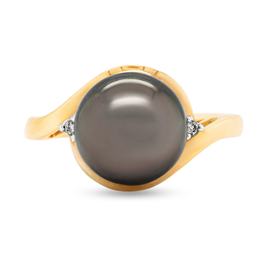 9ct Yellow Gold 9mm Tahitian Pearl and Diamond Ring