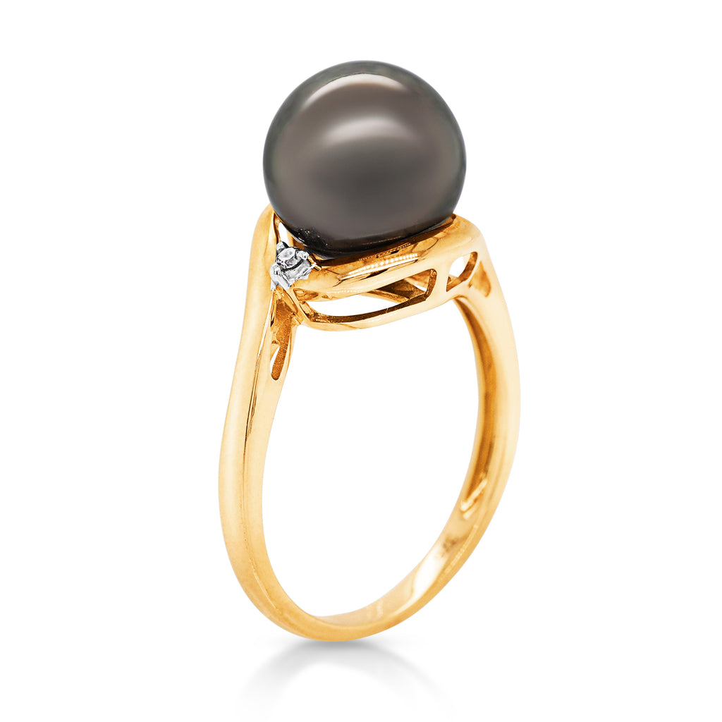 9ct Yellow Gold 9mm Tahitian Pearl and Diamond Ring