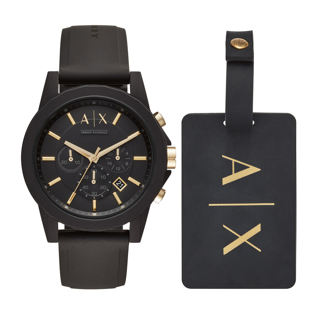 Armani Exchange Chronograph Black Watch & Luggage Tag Set AX