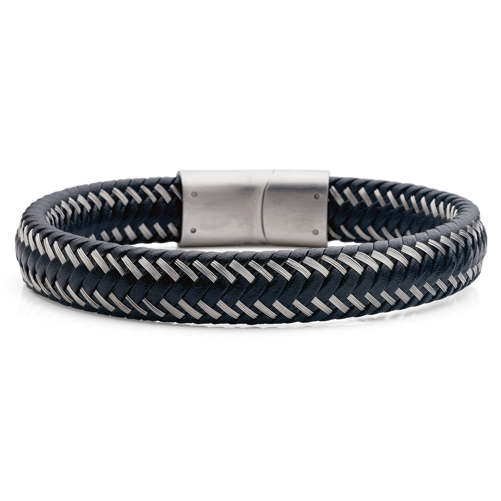 Black Leather & Fine Wire Woven Bracelet With Stainless Stee