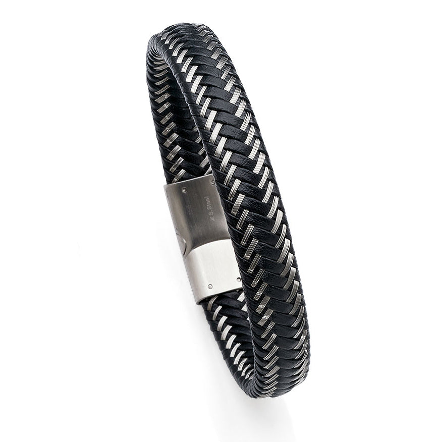 Black Leather & Fine Wire Woven Bracelet With Stainless Stee