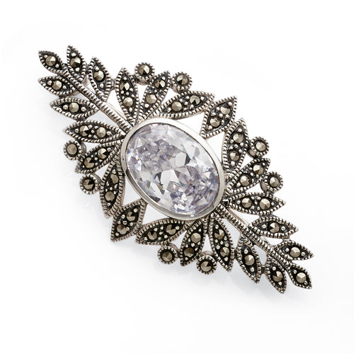 Sterling Silver Marcasite Cubic Zirconia Brooch