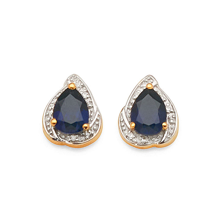 9ct Gold 7x5mm Created Ceylon Sapphire & Diamond Studs