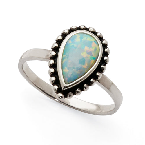 Sterling Silver Created White Opal Pear Shaped Ring With Bea