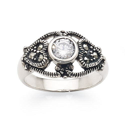 Sterling Silver Cubic Zirconia Marcasite Ring