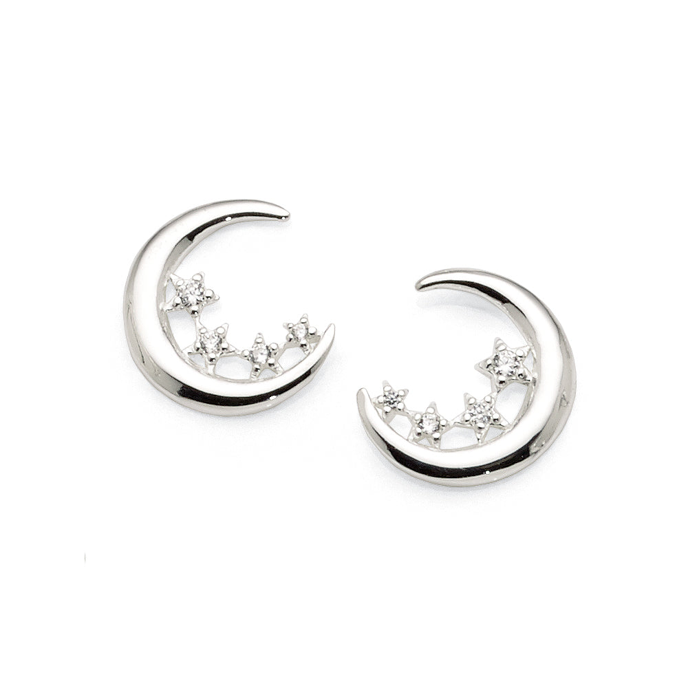 Sterling Silver Crescent Moon Cubic Zirconia Studs