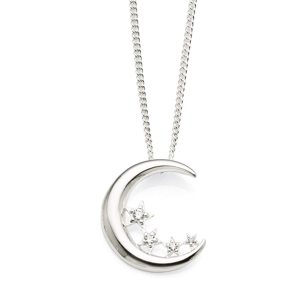 Sterling Silver Cubic Zirconia Crescent Moon & Star Pendant