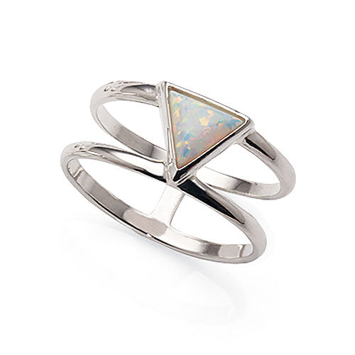 Sterling Silver Created White Opal Triangle Split Ring