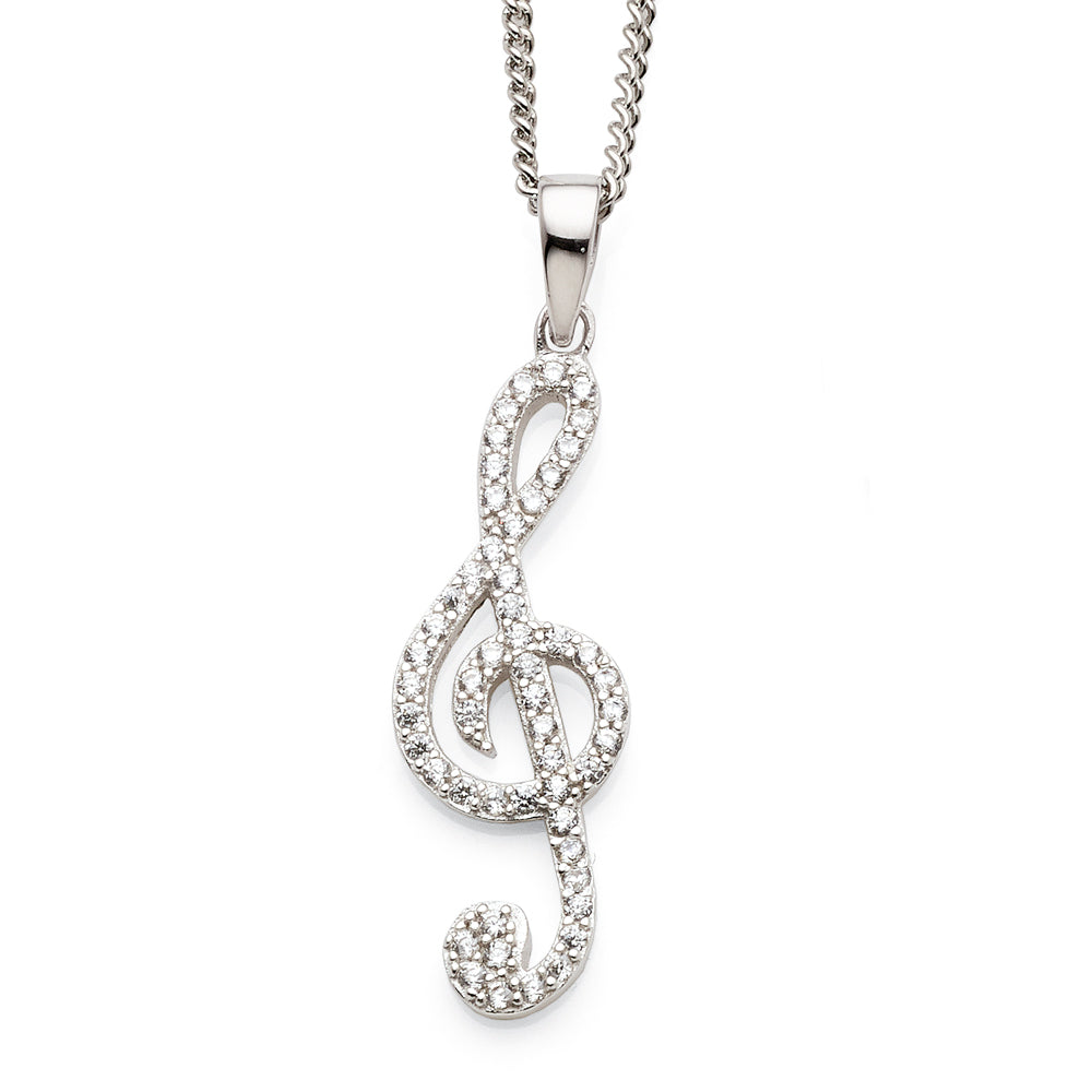 Sterling Silver Cubic Zirconia Treble Clef Pendant