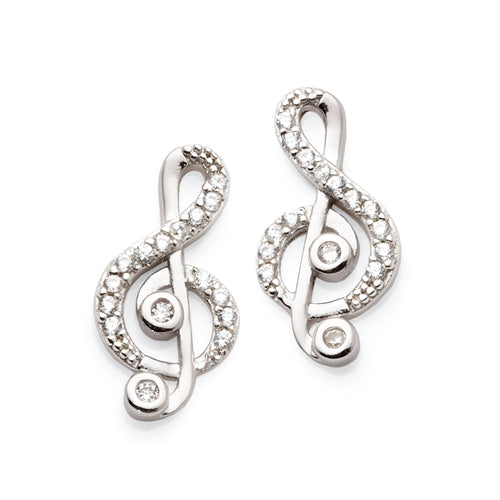 Sterling Silver Cubic Zirconia Treble Clef Studs