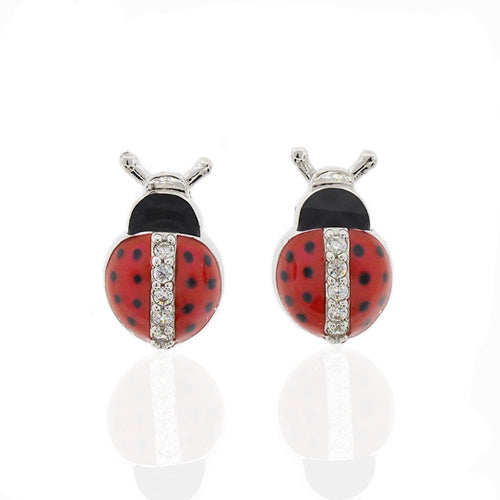 Sterling Silver Cubic Zirconia 10mm Ladybug Stud Earrings