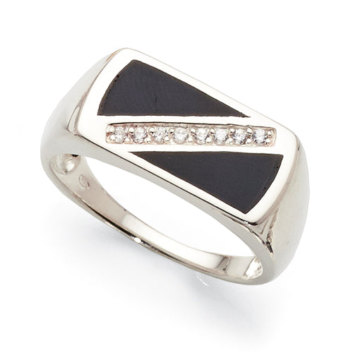 Sterling Silver Onyx & Cubic Zirconia Diagonal Set Gents Rin