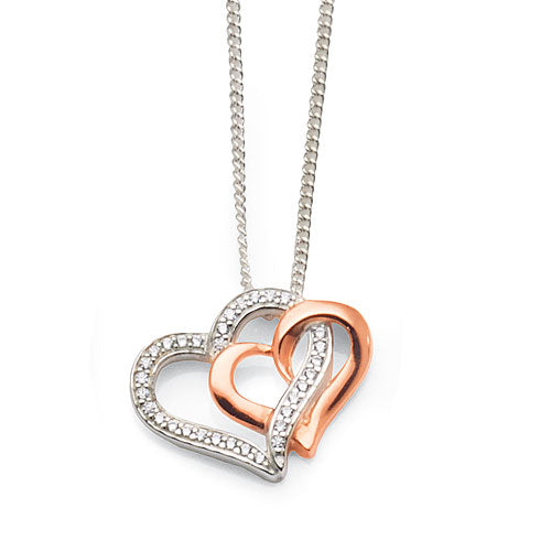 Sterling Silver Rose Tone Cubic Zirconia Double Heart Pendan