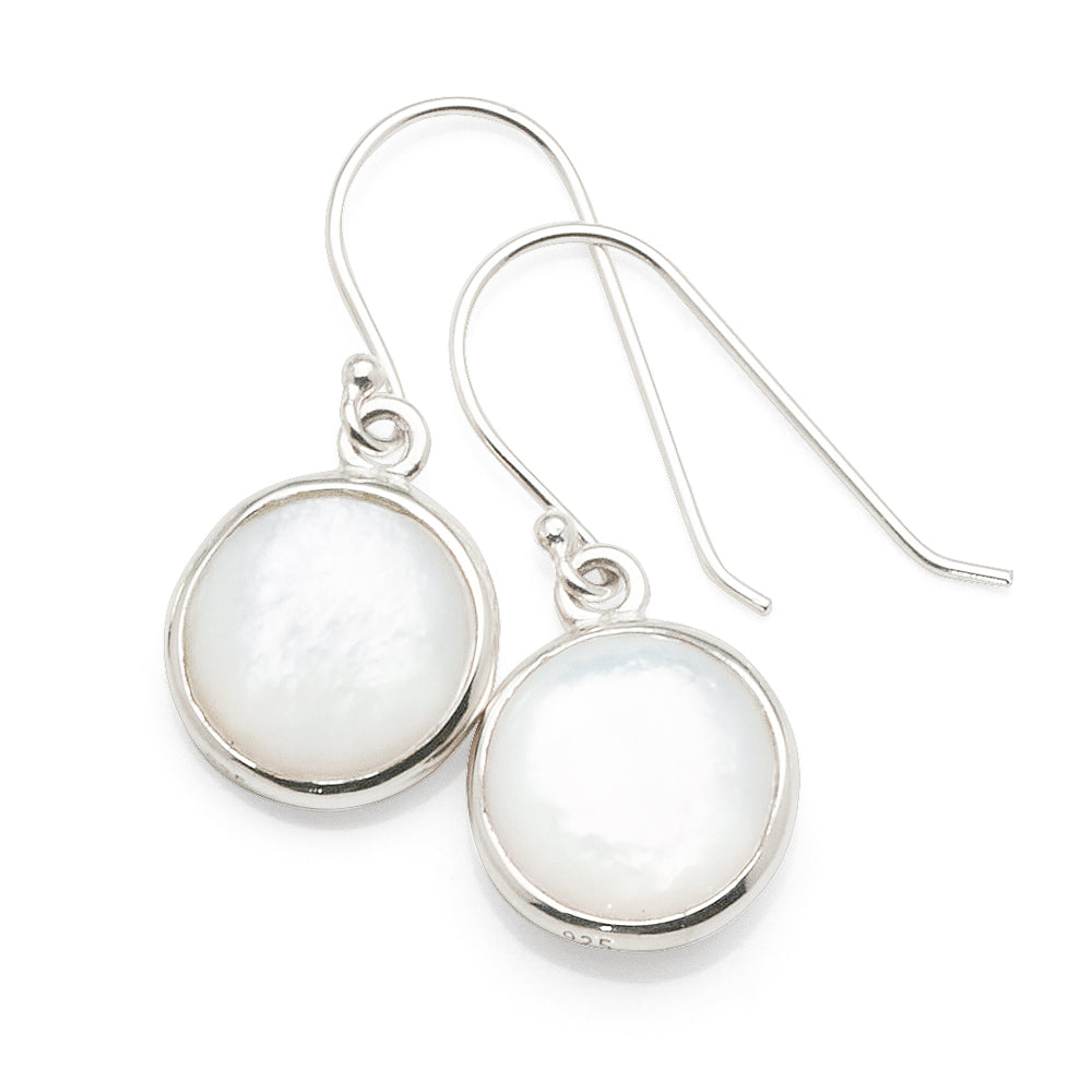Sterling Silver White Mother Of Pearl Round Drop Hook Earrin