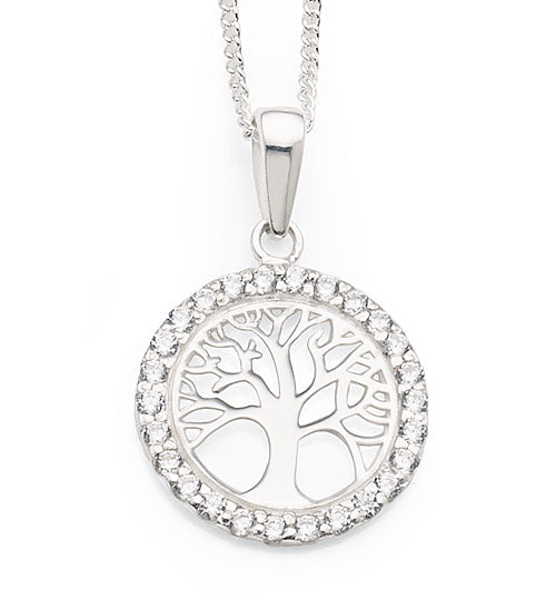 Sterling Silver Cubic Zirconia Round Tree Of Life Pendant