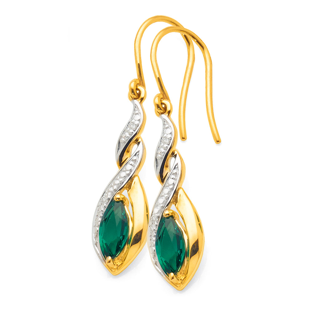9ct Yellow Gold Created Emerald & Diamond Hooks