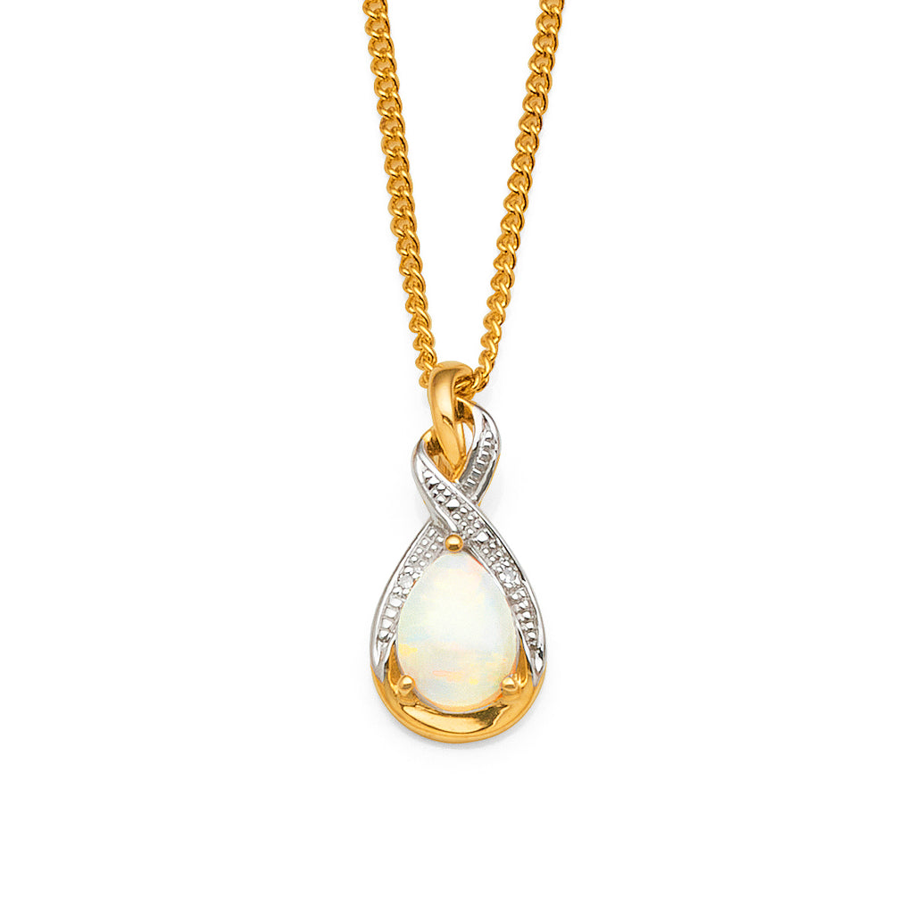 9ct Gold 8x6mm Opal & Diamond Drop Pendant