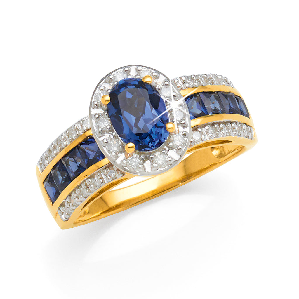 9ct Yellow Gold Oval Created Sapphire & Diamond Halo Ring