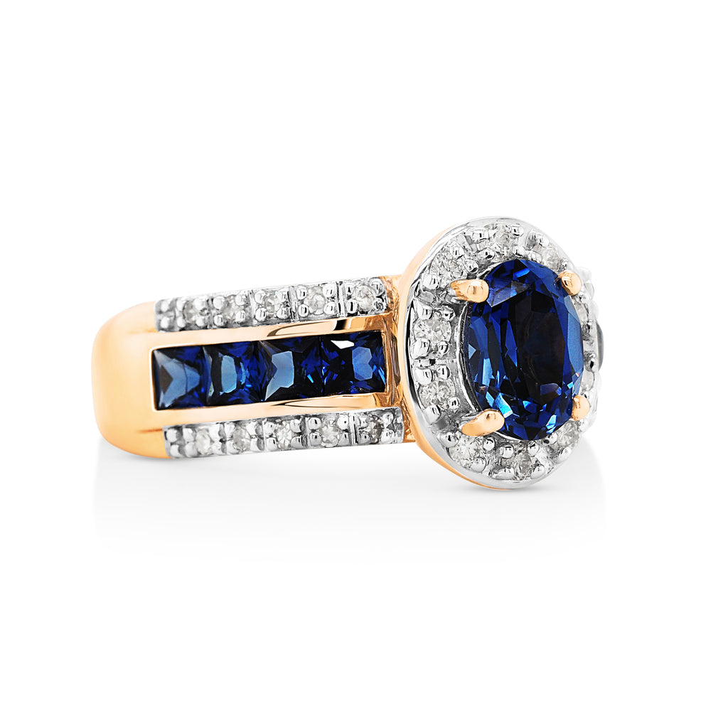 9ct Yellow Gold Oval Created Sapphire & Diamond Halo Ring