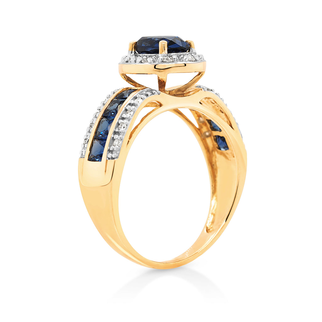 9ct Yellow Gold Oval Created Sapphire & Diamond Halo Ring