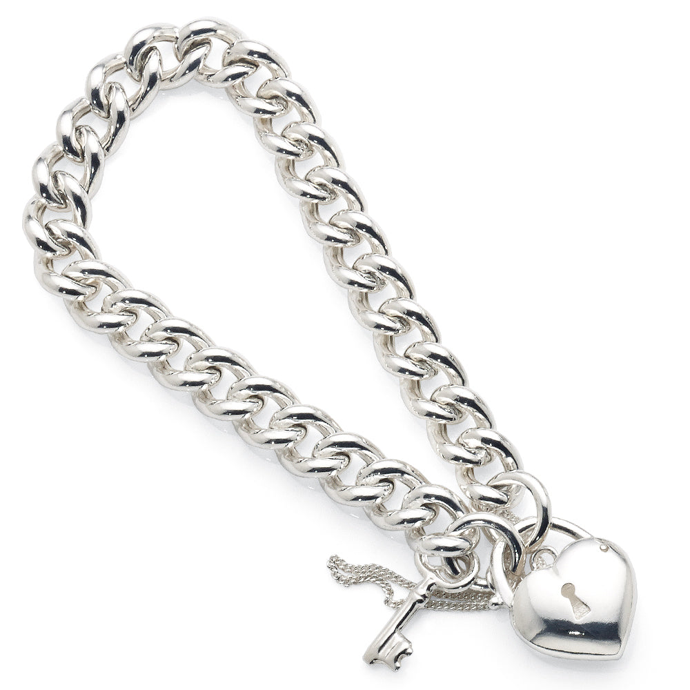 Sterling Silver Puff Heart Pardlock Curb Link Bracelet