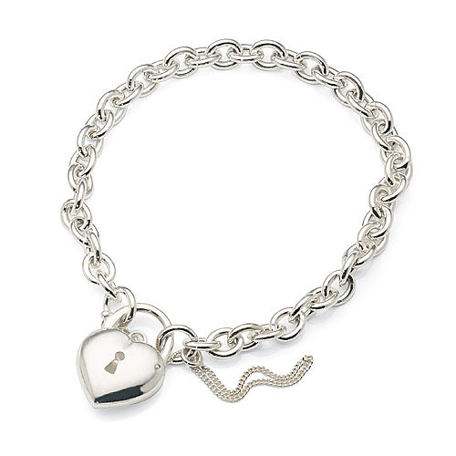 Sterling Silver Puff Heart Keyhole Padlock Belcher Bracelet