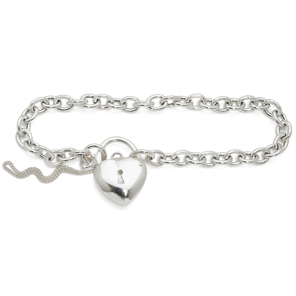 Sterling Silver Puff Heart Keyhole Padlock Belcher Bracelet