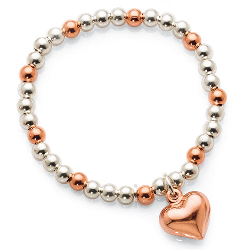 Sterling Silver Rose Tone Puff Heart Charm Ball Bracelet